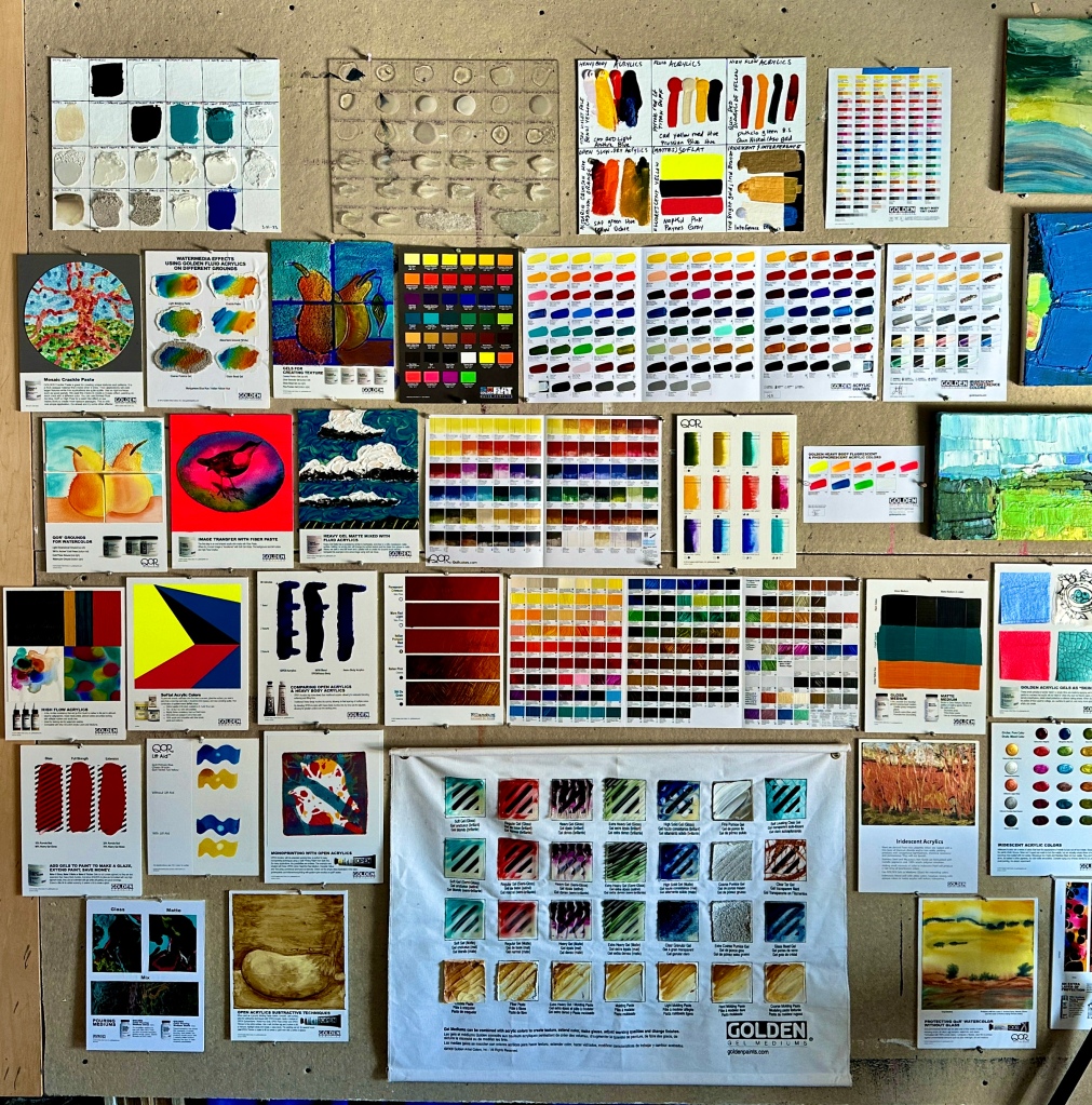 Board of samples and various material options at a Golden Foundation residency.